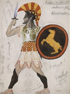 Suunnittelu Polluxin pukulle "Hélène de Sparte" (grafiitti ja akvarelli kultamaalauksella luonnonvalkoiselle paperille) tekijältä Leon Bakst