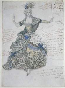La Belle au Bois Dormant, "La Fee de Richessen" pukusuunnittelu (akvarelli lyijykynällä korotettu valkoisella ja kullalla paperille) tekijältä Leon Bakst