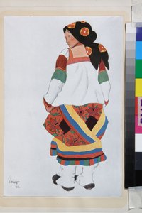 Talonpoikanainen, pukusuunnittelu Vaudevillen vanhaan Moskovaan, Femina-teatterissa, Pariisi (Ranska) - Leon Bakstin (1866-1924) teos, litografia 1922 - (Talonpoikanainen, Pukusuunnittelu Vaudevillen vanhaan Moskovaan, Theatre Feminassa Pariisissa, kirjoit tekijältä Leon Bakst