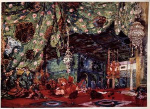 Lavastus Leon Bakst (1866-1924), venäläinen taidemaalari ja sisustussuunnittelija Nikolai (Nikolai) Rimski Korsakovin (Rimski-Korsakov) (1844-1908) oopperaan ""Sheherazade"" (Sheherazade). tekijältä Leon Bakst