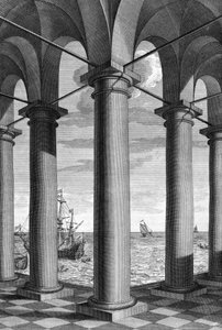 Arkkitehtuurin osalta merimaisema ilmestyy pelihallien tukeman rakennuksen taakse: Leon Battista Albertin (1404-1472), arkkitehti, matemaatikko, italialainen renessanssirunoilija, Lontoon "De Architectura Libri decem" -taulu.