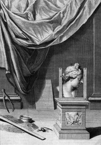 Herkkuja arkkitehtuurista, klassisen patsaan rintakuva ja arkkitehtoniset työkalut: taulu otettu "" De Architectura Libri decem" -levystä, jonka on kirjoittanut Leon Battista Alberti (1404-1472), arkkitehti, matemaatikko, italialainen renessanssin runoilij