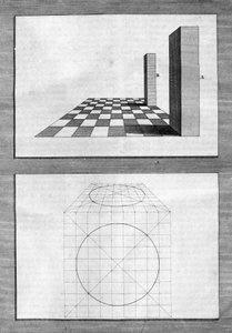 Käsitteitä arkkitehtuurista, perspektiivistä ja geometriasta: taulu otettu "" De Architectura Libri decem" -levystä, jonka on kirjoittanut Leon Battista Alberti (1404-1472), arkkitehti, matemaatikko, italialainen renessanssin runoilija, Lontoo