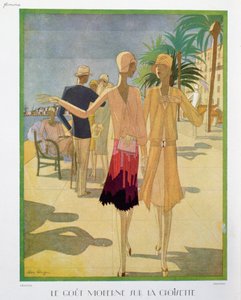 Muodikkaat ihmiset kävelemässä Croisette Promenadella Cannesissa, kuvitus Femina-lehdestä, joulu 1927 (värilitho) tekijältä Leon Benigni