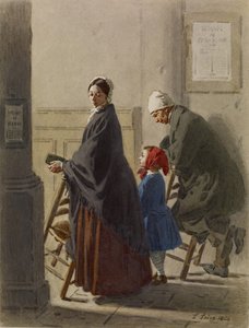 Mies, nainen ja tyttö rukouksessa kirkossa, 1864 (wc ja grafiitti paperilla) tekijältä Leon Henri Antoine Loire