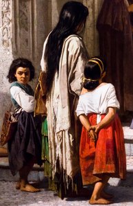 Nuori nainen antamassa hyväntekeväisyyttä San Sebastianin sairaalan kappelin sisäänkäynnillä Cordobassa, yksityiskohta. tekijältä Leon Joseph Florentin Bonnat