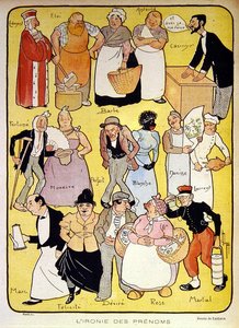 "Nimien ironia", 1900-luvun alun kuvitus "Le Rire" -lehdelle (värilitho)