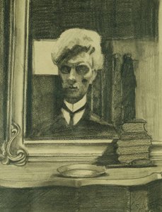 Omakuva; Automuotokuva, n. 1907 (hiili ja värikynä kiillotuspaperilla) tekijältä Leon Spilliaert
