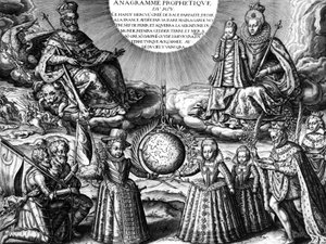 Ranskan kuninkaallinen perhe vuonna 1607 (propaganda): Ranskan kuningas Henri IV ja hänen vaimonsa kuningatar Marie de Medicis pitelemässä tytärtään Christinea; pohja : heidän muut lapsensa : tuleva Louis XIII, Elisabeth ja Henriette-Marie. R:ssä: kuningas