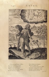 Hercules slaying Antaeus, kuvasta "Les Images ou Tableaux de Platte Peinture des Deux Philostrates Sophistes Grecs", Blaise de Vigenere (1523-96) Pariisi, 1615. tekijältä Leonard Gaultier