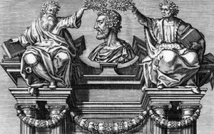 Otsikko "Les Oeuvres de Pierre Ronsard". Pierre Ronsardin, Vendomois Gentlemanin, ranskalaisten runoilijoiden prinssin teokset. Leonard Gaultierin kaiverrus vuoden 1623 painokselle tekijältä Leonard Gaultier