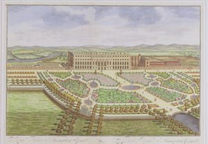 Hampton Courtin kuninkaallinen palatsi, "Survey of London", kaiverrus Johannes Kip (n. 1652-1722), 1730 (värikaiverrus)