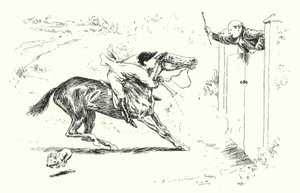 Mies meni metsästämään Reigatessa ja halusi hypätä korkean portin yli (kaiverrus) tekijältä Leonard Leslie Brooke