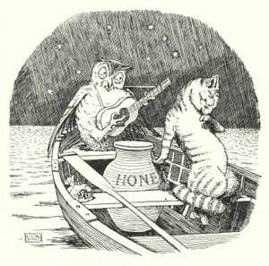 Pöllö ja pillu-kissa (litho) tekijältä Leonard Leslie Brooke