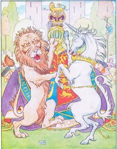 Leijona ja yksisarvinen taistelivat kruunusta (väri litho)