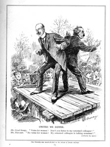 Lloyd George ja Harcourt, molemmat liberaalihallituksen ministereitä, ovat eri mieltä äänioikeuden antamisesta naisille, 1910. tekijältä Leonard Raven Hill