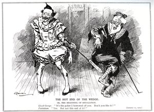 Lloyd George, hallituksen puheenjohtajana suojelemassa brittiläistä teollisuutta Saksan kilpailulta vuoden 1907 ja 1909 patentti- ja mallilain avulla tekijältä Leonard Raven Hill