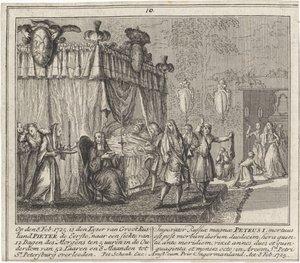 Pietari Suuren kuolema 8. helmikuuta 1725, 1727 tekijältä Leonard Schenk