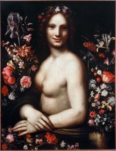 Nuoren naisen rintakuva nimeltä Flora (Flora) kukkien keskellä Mallina olisi Mona Lisa (Mona tai Monna Lisa) Maalaus Leonardo da Vincin (Leonard de Vinci) (1452-1519) piirustuksen mukaan 1600-luvun Bergamo, accademia Carrara tekijältä Leonardo da (after) Vinci