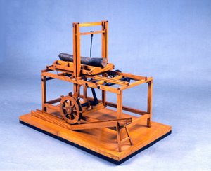 Puinen malli (malli) hydraulisahasta, joka toimii hammaspyörillä ja vedellä. Valmistettu piirustuksen jälkeen Leonardo da Vinci (Leonard de Vinci) (1452-1519) Museum of Science and Technology, Milano.