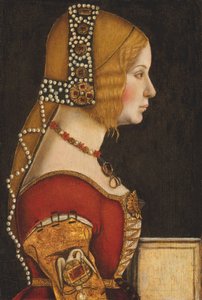 Muotokuva Milanon herttuattaresta Aragonian Isabellasta (1470-1524), puolipitkä, profiili oikealle (öljy paneelille). tekijältä Leonardo da (circle of) Vinci