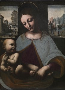 Neitsyt ja lapsi, n. 1500 (öljy puulle) tekijältä Leonardo da (circle of) Vinci