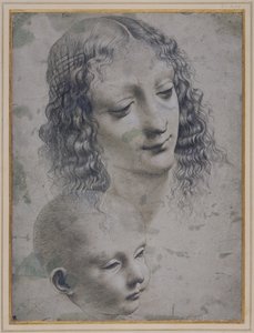 Naisen pää ja vauvan pää (metallikärki harmaalla valmispaperilla) tekijältä Leonardo da (follower of) Vinci