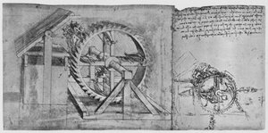 Suuri pyörä, joka on ratkaistu ja laukaisee neljä varsijousta peräkkäin, c1480, 1945 tekijältä Leonardo da Vinci