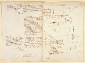 Arundel 263 f.115v, f.112 Muistiinpanot, luonnokset ja kaavio silmän ominaisuuksista, n. 1490 (kynä & muste paperille) tekijältä Leonardo da Vinci