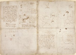 Arundel 263, f.135v, f.134, Huomautuksia ja kaavioita mekaniikasta; muistiinpanoja ja kaavamaisia luonnoksia joen reiteistä ja veden virtauksesta, 