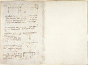 Arundel 263, f.1v, f.14 Huomautuksia ja kaavioita mekaniikasta, "Codex Arundel" (kynä ja muste paperille) tekijältä Leonardo da Vinci