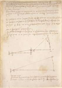 Arundel 263, f.214 Piirustuksia mekaanisista voimista, lyömäsoittimista, painovoimasta, liiketoiminnasta, optiikasta ja tähtitiedestä erilaisilla aritmeettisilla ja geometrisilla ehdotuksilla (kynä ja muste paperille) tekijältä Leonardo da Vinci