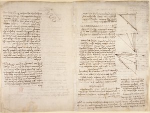 Arundel 263, f.216v, f.217 Muistiinpanot ja luonnokset Codex Arundelista (kynä ja muste paperille) tekijältä Leonardo da Vinci