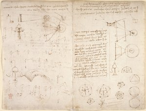 Arundel 263, f.221v, f.220 Muistiinpanot, kaaviot ja luonnokset Codex Arundelista (kynä ja muste paperille) tekijältä Leonardo da Vinci