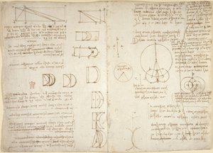 Arundel 263, f.222v, f.219, Piirustuksia mekaanisista voimista, lyömäsoittimet, painovoima, liike, optiikka ja tähtitiede, erilaisia aritmeettisia ja geometrisia ehdotuksia (kynä ja muste paperille) tekijältä Leonardo da Vinci