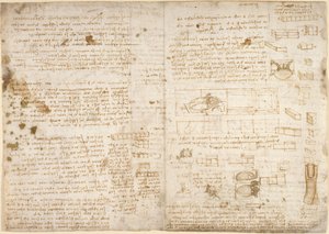 Arundel 263, f.223 Muistiinpanot, kaaviot ja luonnokset Codex Arundelista (kynä ja muste paperille) tekijältä Leonardo da Vinci