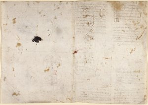 Arundel 263, f.225v, f.230 Piirustuksia mekaanisista voimista, lyömäsoittimet, painovoima, liike, optiikka ja tähtitiede, erilaisilla aritmeettisilla ja geometrisilla ehdotuksilla (kynä ja muste paperille) tekijältä Leonardo da Vinci