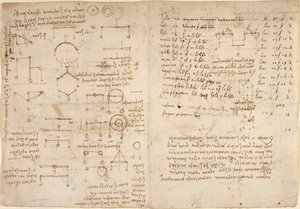Arundel 263, f.228v, f.227 Huomautuksia ja kaavioita mekaniikasta Codex Arundelista (kynä ja muste paperille) tekijältä Leonardo da Vinci