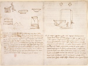 Arundel 263, f.259v, f.260 Muistiinpanoja ja karkeita luonnoksia salpeterin valmistusprosessista ruudin valmistamiseksi (ei Leonardon kädessä) (kynä ja muste paperille) tekijältä Leonardo da Vinci