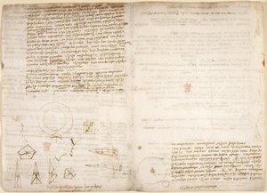Arundel 263, f.266v, f.267 Huomautuksia kosmologiasta (ylösalaisin); kaaviot, jotka kuvaavat Leonardon havaintoja painopisteestä, Codex Arundelista, n. 1506-8 (kynä ja muste paperille) tekijältä Leonardo da Vinci