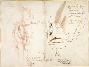 Arundel 263, f.275v, f.274 Planimetrinen luonnos Arno-joesta; muistiinpanoja etäisyyksistä ja suunnista tekijältä Leonardo da Vinci