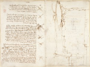 Arundel 263, f.276v, f.273r, Muistiinpanot ja luonnokset tuulesta, otsikolla "del vento" tekijältä Leonardo da Vinci