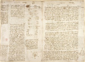 Arundel 263, f.279v f.280, Muistiinpanot, matemaattiset laskelmat ja kaavio otsikolla 