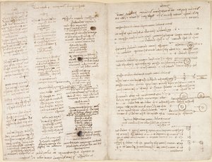 Arundel 263, f.42v, f.43 Leonardon ennustusten lyhyitä tekstejä (