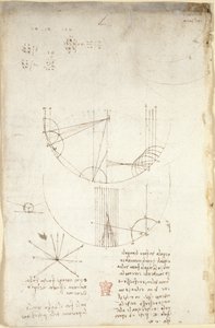 Arundel 263, f.85v Optiikan kaaviot, jotka koskevat heijastuksen kaustiikkaa; muistiinpano ja luonnos mekaniikasta, joka koskee lyömäsoittimen voimaa ja viittauksia aristoteleiseen periaatteeseen "ogni attione facta dalla natura è facta nel più brieve modo tekijältä Leonardo da Vinci