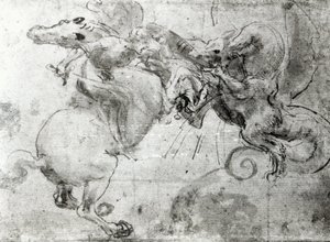 Taistelu ratsastajan ja lohikäärmeen välillä, n. 1482 (kynällä alipiirustus, kynä ja sivellin paperille) tekijältä Leonardo da Vinci