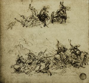 Taistelu kohtaus; Leonardo da Vincin piirustus. Gallerie dell