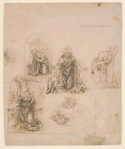 Sävellysluonnoksia Neitsyt palvelee Kristuksen lasta, 1480-85 (hopeakärki) tekijältä Leonardo da Vinci