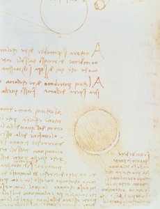 Yksityiskohta fol. 2r, Codex Leicesteristä, joka näyttää kuun ulkoisen kirkkauden tekijältä Leonardo da Vinci