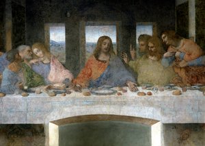 Yksityiskohta Cenestä (Il Cenacolo (Ultima Cena)), joka edustaa vasemmalla apoleja Juudasta, Pietaria ja Johannesta, Kristusta keskellä ja apoleja Thomasia, James Majoria ja Philipiä. V-kirjain Johanneksen ja Kristuksen välillä viittaa Graalin maljaan tai  tekijältä Leonardo da Vinci